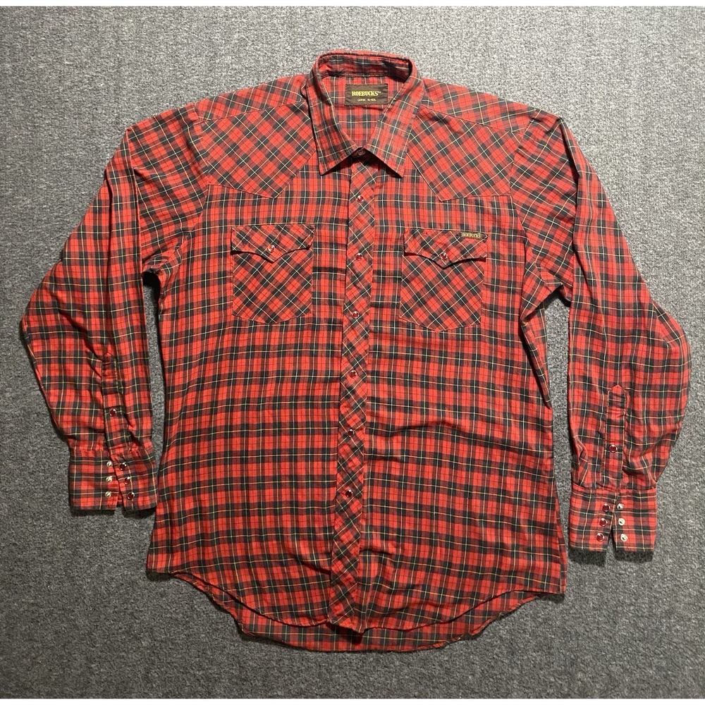 Vintage Roebucks Red Black Gold Plaid Pearl Snap Western Shirt Size L